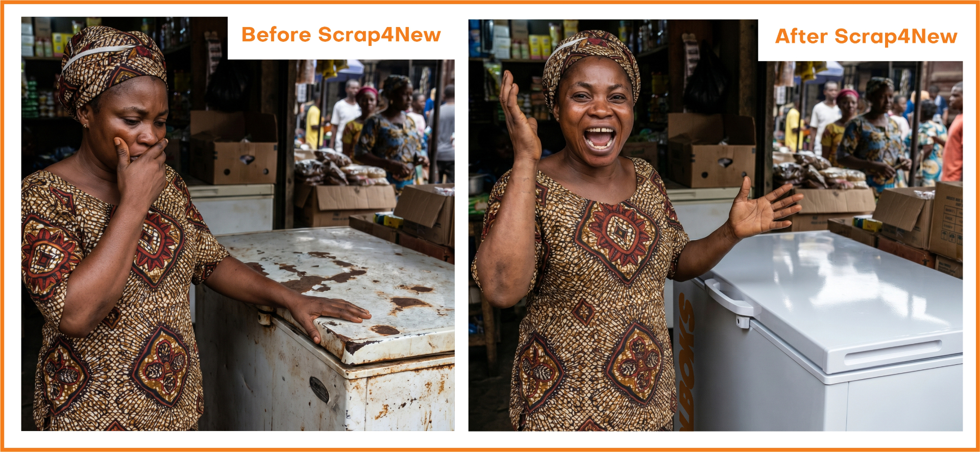 Before and after Scrap 4 New: a market trader with a rusty old freezer, then smiling with a new Koolboks solar freezer